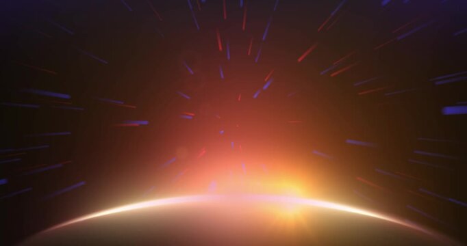 Sunrise background. Moving banner with bright yellow and blue light rays on dark backdrop. Glare or flash of sunlight. Realistic neon animated graphics