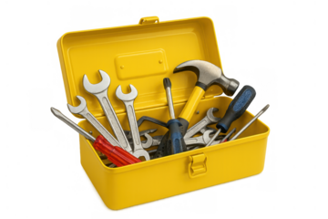 Yellow metal toolbox filled with essential hand tools including wrenches, hammer, and screwdrivers, ready for repair and diy projects