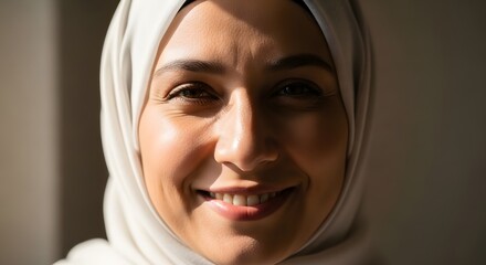 Close-up of a smiling woman wearing a light-colored headscarf with warm lighting highlighting her cheerful expression