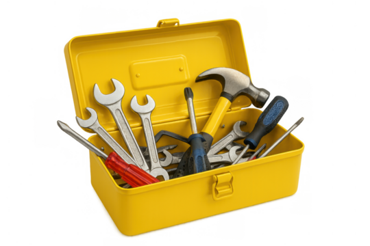Yellow metal toolbox filled with essential hand tools including wrenches, hammer, and screwdrivers, ready for repair and diy projects