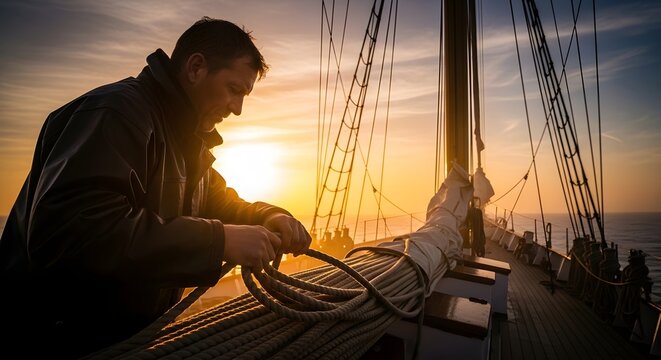 A person working on a sailboat during sunset, preparing ropes and equipment for sailing at sea