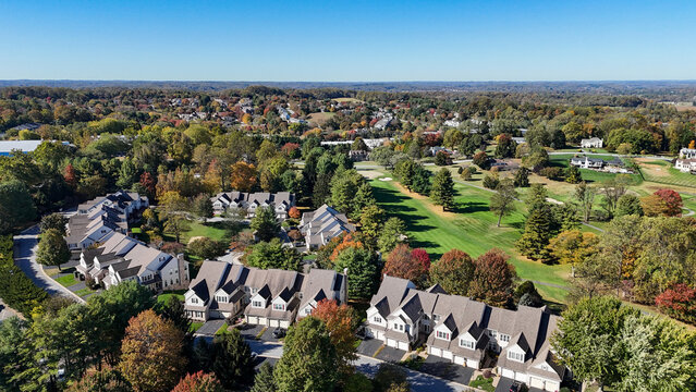 Residential communities near a golf course in the colorful fall in West Chester, suburb of Philadelphia, Pennsylvania