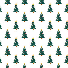 Fototapeta premium Seamless Minimal flat style pattern with green fir trees decorated with yellow stars and string lights on a clean white background