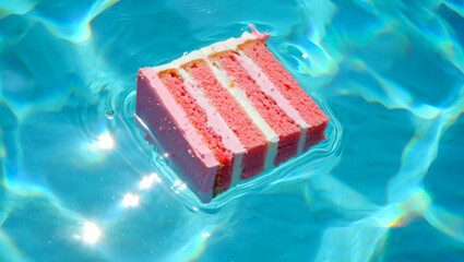 a pink piece of cake floating in a pool