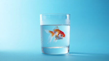 goldfish in a glass of water on a blue background