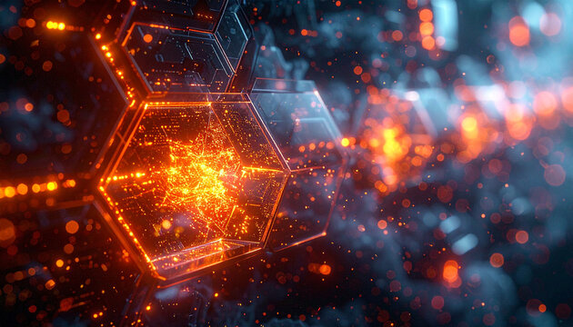 Futuristic Network of Glowing Hexagons: Dive into a mesmerizing digital landscape of interconnected hexagonal shapes radiating with vibrant orange energy.
