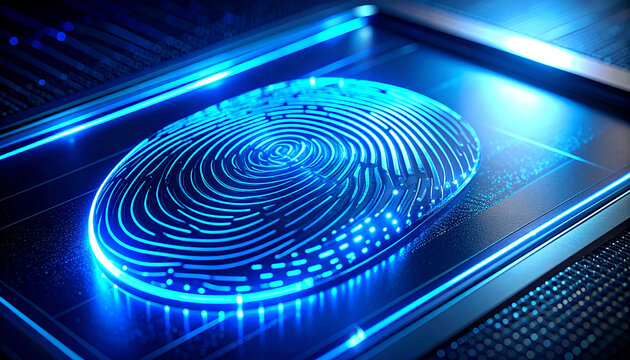 Digital Fingerprint Security: A glowing digital fingerprint, representing the core of secure authentication and cybersecurity. Reflects security and data protection