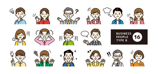 Obraz premium 様々な表情・ポーズの、ビジネスパーソンの上半身ベクターアイコンイラスト素材セット＿カラーB
