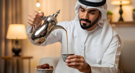 A man in traditional Middle Eastern attire pouring tea from a stainless steel teapot into a decorative cup in a cozy indoor setting