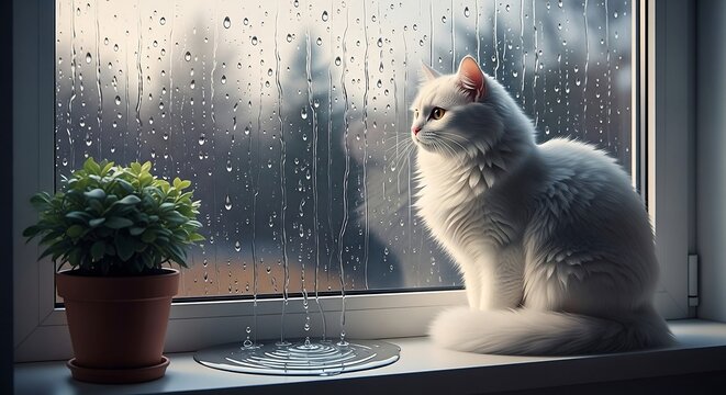 White cat watching raindrops feline sits on window sill during a rainy day perfect for pet lovers cozy scenes and calming atmosphere.