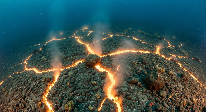 Underwater volcanic landscape with glowing lava cracks and hydrothermal vents