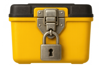 Yellow plastic toolbox with black lid secured by metal clasp and padlock, offering safety and storage on transparent background