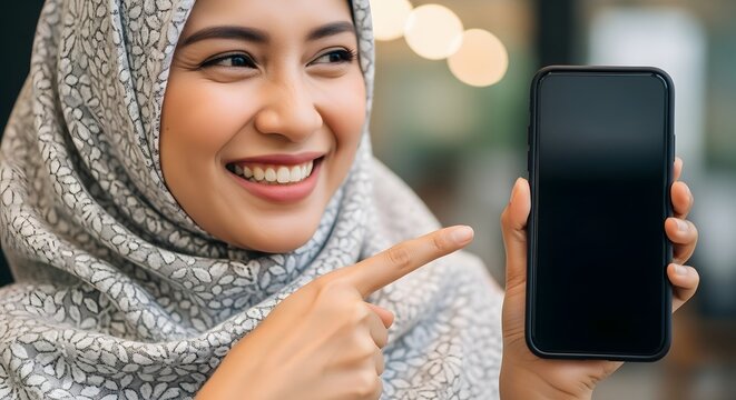 A cheerful young woman wearing a hijab smiling and pointing at a smartphone in a modern indoor setting - Powered by Adobe
