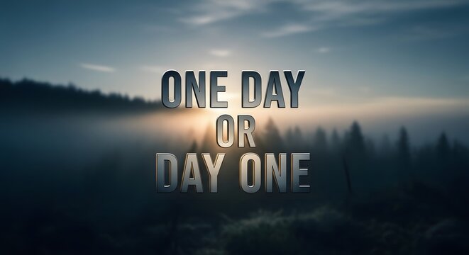 Inspirational quote displayed over a misty landscape with a sunrise, encouraging perseverance and optimism for new beginnings and challenges ahead