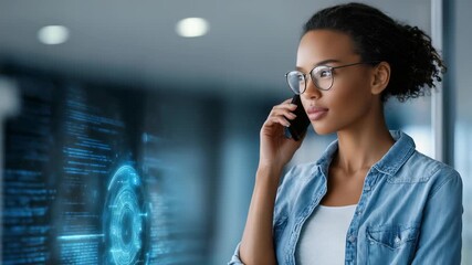 Professional woman using mobile phone in contemporary workspace with futuristic digital screens. The scene conveys innovation, technology, and modern business communication - Powered by Adobe