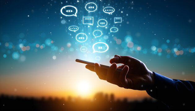Hand Holding Smartphone with Glowing Digital Chat Icons at Sunset