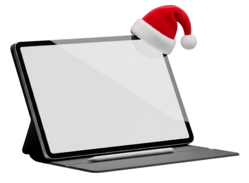 Digital Tablet Mockup with a Blank Screen and Santa Hat