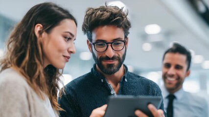 A group of confident colleagues engage in a creative brainstorming session, focusing on a tablet in a contemporary workspace. Their positive energy reflects successful business collaboration - Powered by Adobe