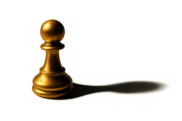 Gold chess pawn casting a long shadow, symbolizing strategy, competition, and an isolated challenge on a transparent background