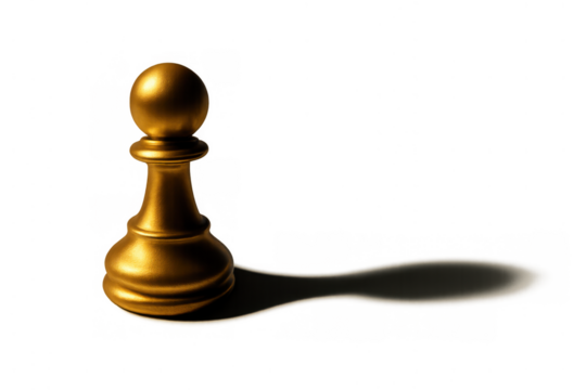 Gold chess pawn casting a long shadow, symbolizing strategy, competition, and an isolated challenge on a transparent background