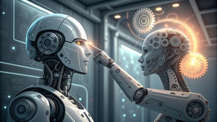 Futuristic illustration of two humanoid robots interacting, symbolizing artificial intelligence, technology, and human-machine connection.