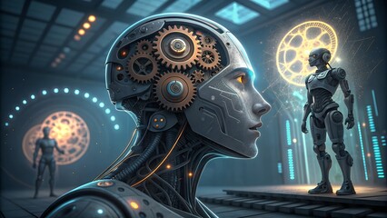 A programmed robot with gears in a research room conducts scientific experiments on other robots. The hierarchy of robots