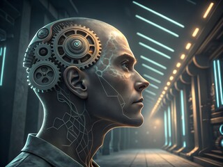 A futuristic illustration of a man with mechanical gears in his head, symbolizing a cyborg, artificial intelligence, and the fusion of man and technology.