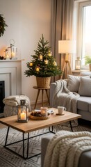 Fototapeta premium Cozy living room with small Christmas tree decorated with candles, evoking a warm and inviting atmosphere for Christmas and New Year celebration.