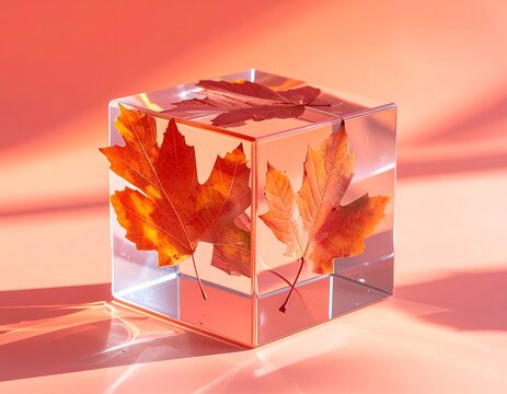 Vibrant orange maple leaves from the autumn season are perfectly preserved and suspended within a solid, transparent acrylic cube