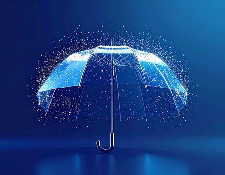 A transparent umbrella provides a powerful shield, deflecting a storm of abstract digital particles on a reflective blue background - Powered by Adobe