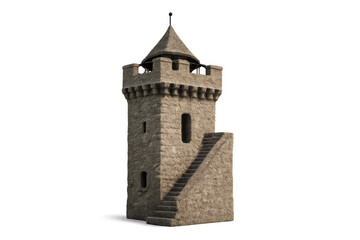 Obraz premium Medieval stone castle tower with pointed roof and stairs, representing history, defense, and ancient architecture on transparent background