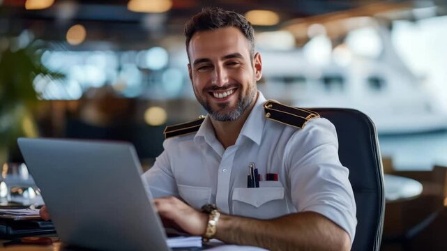 Smiling Yacht Captain Laptop Work.