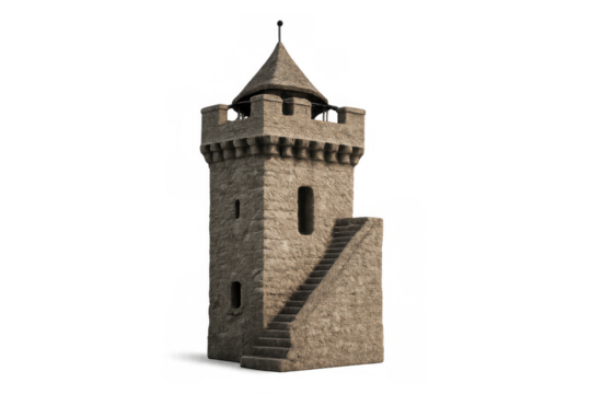 Medieval stone castle tower with pointed roof and stairs, representing history, defense, and ancient architecture on transparent background