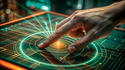 A futuristic concept of a human hand touching a holographic digital touchscreen displaying sound waves. Conceptualization of technology, innovation, and human interaction with data.