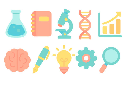 Science and research icon set in neon glowing style, lab tools and research equipment