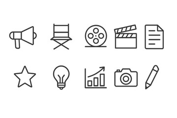 Media production linear icon set. Film, photography, marketing outline icons collection