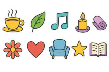 Nature and wellness icon set. Relaxing, soothing flat icons for relaxation and mindfulness.