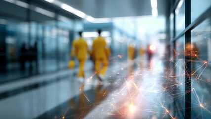 Contemporary business setting featuring glass walls, professionals in motion, abstract digital network visualization. Scene highlights innovation, connectivity, fast paced nature modern workspaces