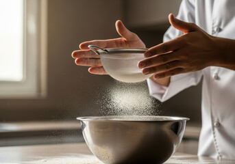 Chef carefully sifting flour with metal sieve into bowl in bright kitchen preparing ingredients for baking delicate hands ensure fine powder for smooth dough