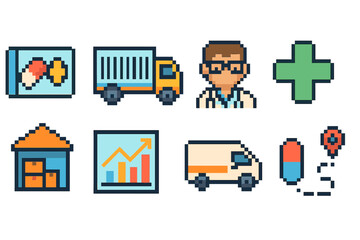 Obraz premium Healthcare and logistics pixel icon set. Medical, delivery outline graphic collection
