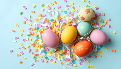 Top view photo of easter decorations multicolored easter eggs and festive confetti on isolated pastel blue background, mindfulness theme. White tone