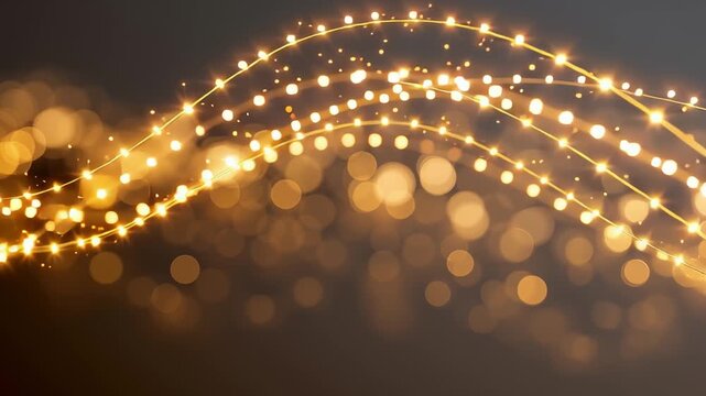 Winding string of warm golden lights with blurred bokeh orbs curving gracefully on dark brown backdrop, capturing cozy holiday warmth and twinkling ambiance