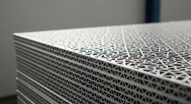 Modern geometric patterned metal sheets stacked in warehouse, close up of intricate laser cut texture with abstract lines and industrial matte silver finish