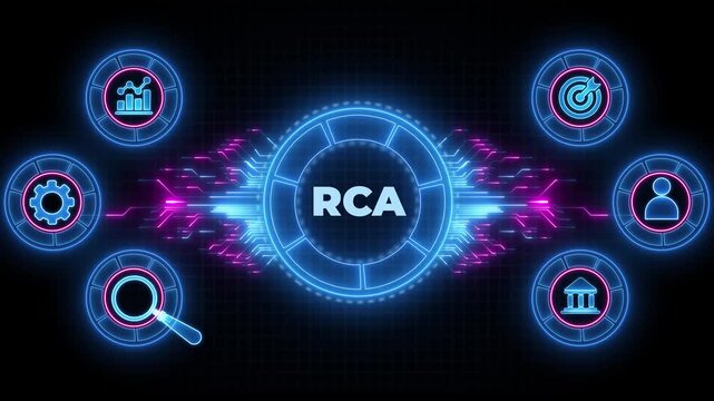 RCA Root Cause Analysis concept. Animated Circuit board futuristic processing background.