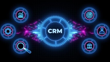 CRM Customer Relationship Management. Animated neon Circuit board futuristic processing background. - Powered by Adobe