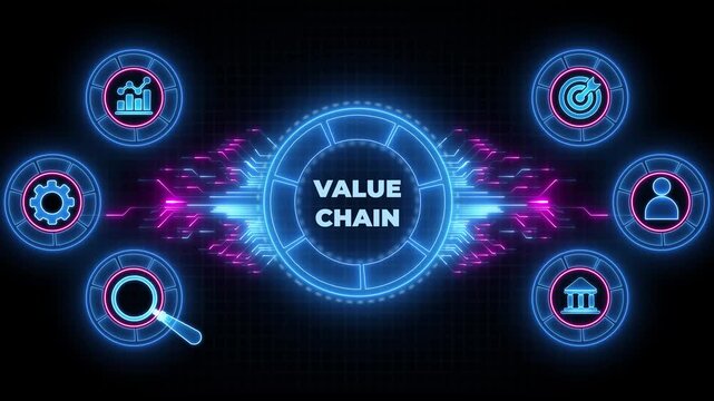 Value chain, business concept. Digital animation glowing blue circuit lines, technology, data flow.