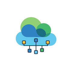 Icon Vector SVG Design with Cloud and Square Network in Modern Flat Style Featuring Blue Green and Yellow Colors