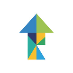 Geometric Vector SVG Icon with Arrow Shape Made of Triangles in Green Blue and Yellow Flat Design