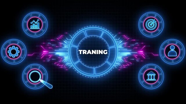 Coaching mentoring education business training development E-learning concept.Business, Technology, Internet and network concept.Digital animation glowing blue circuit lines, technology, data flow.