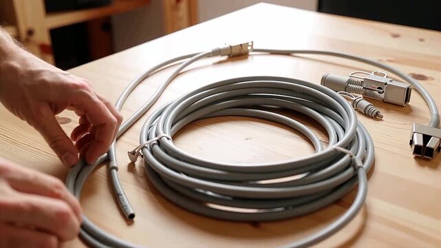 Close-up of medical cables and connectors on a wooden table